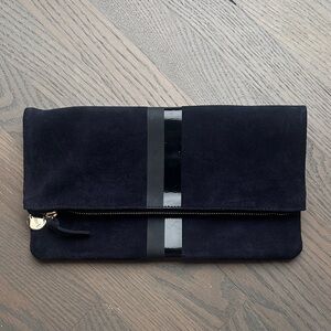 Clare V Midnight (Navy Blue) Suede Clutch with Glossy Accent
